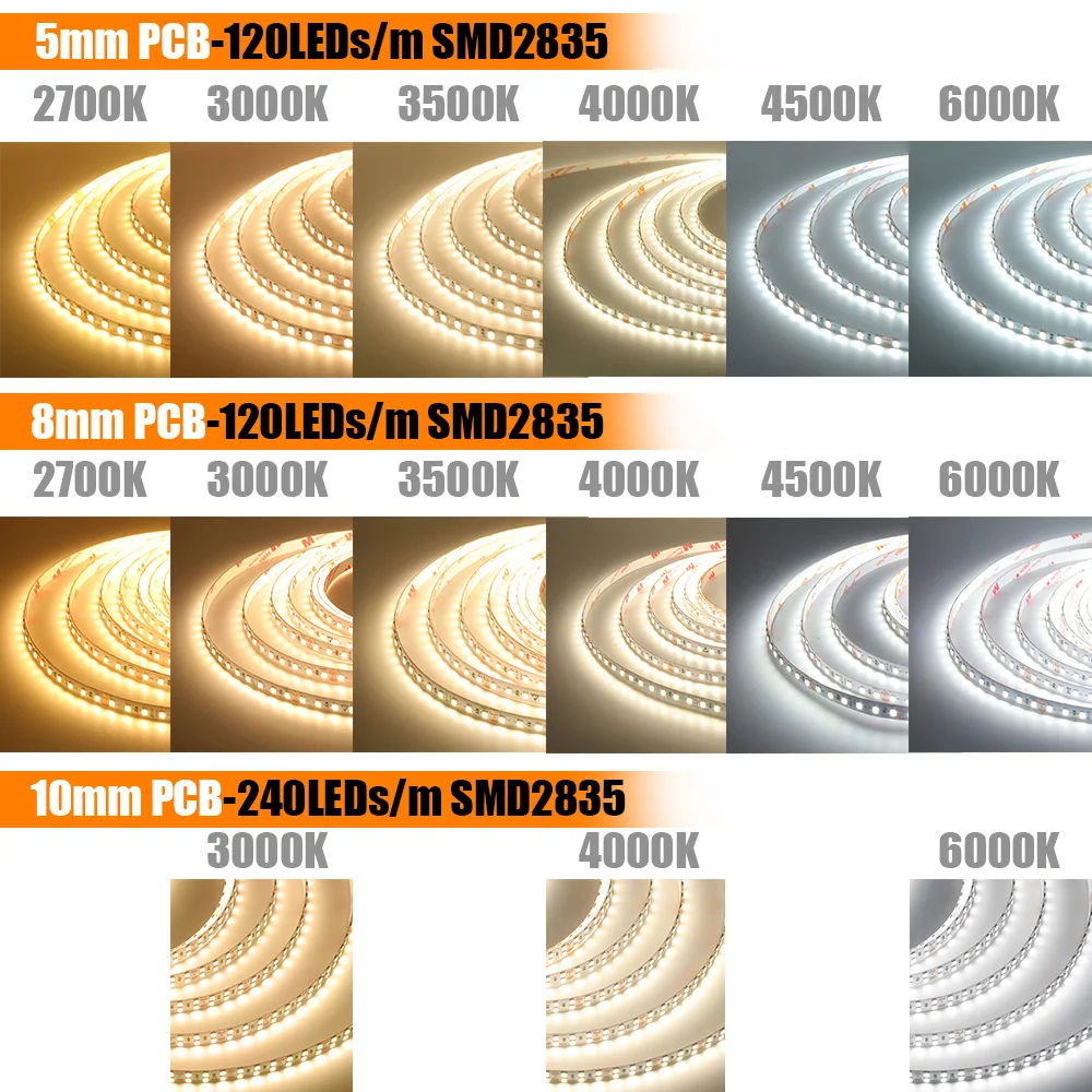 Фото Светодиодная лента 5 мм 8 мм RA98 10 мм PCB 2700K 3000K 3500K 4000K 5000K 6000K 5 м 10 м 24 В 2835 120 240 светодиодов Гибкая лента освещения №5