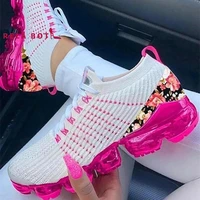 front lace up color printed flat heel air cushion casual shoe fly woven color transparent running shoe for women sneakers women
