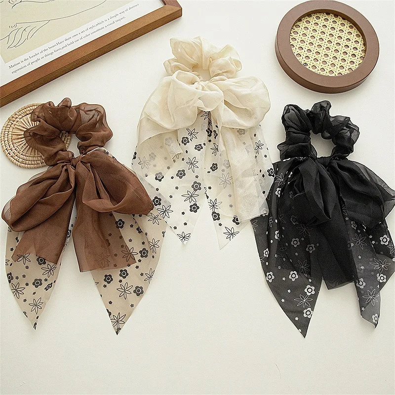 

2023 New Summer Chiffon Mesh Yarn Bow Streamer Hair Loop Tied Ponytail Hair Rope Elastic Hair Scrunchies Hair Accessories