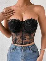women sexy corset top lace embroidery floral see through off shoulder tank tops summer mesh strapless backless blouses shirts
