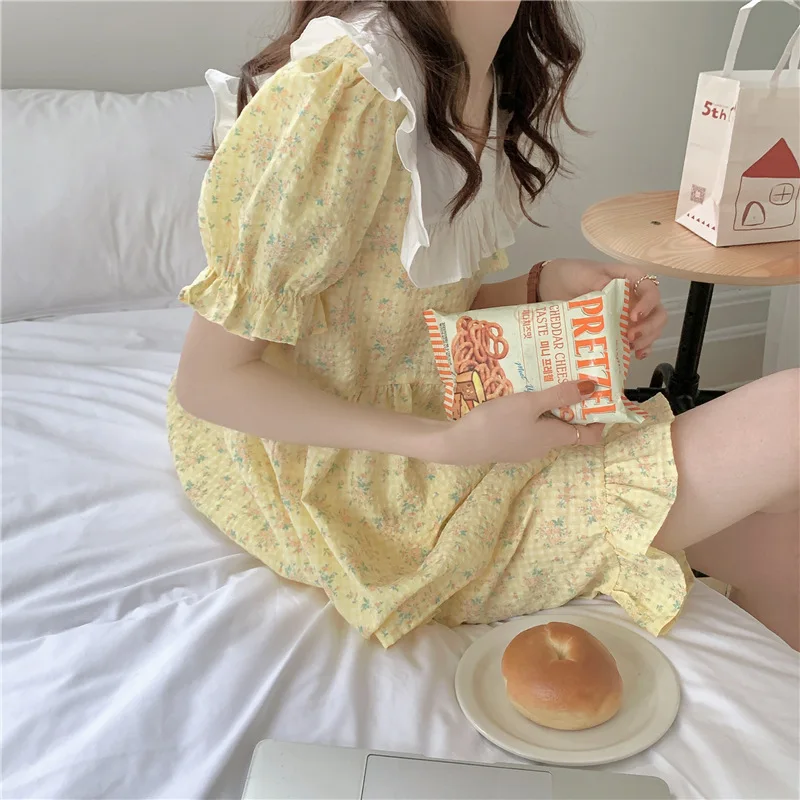2022 Summer Pajamas for Women Cotton Night Gown Plaid Floral Colorblock V-neck Short-sleeved Home Wear Vestido Woman Sleep Dress