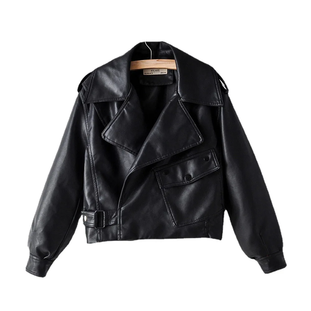 Autumn 2022 European  American Students PU Leather Coat Lapel Pocket Decorated with Short Washed Leather Coat.red Girl Jacket