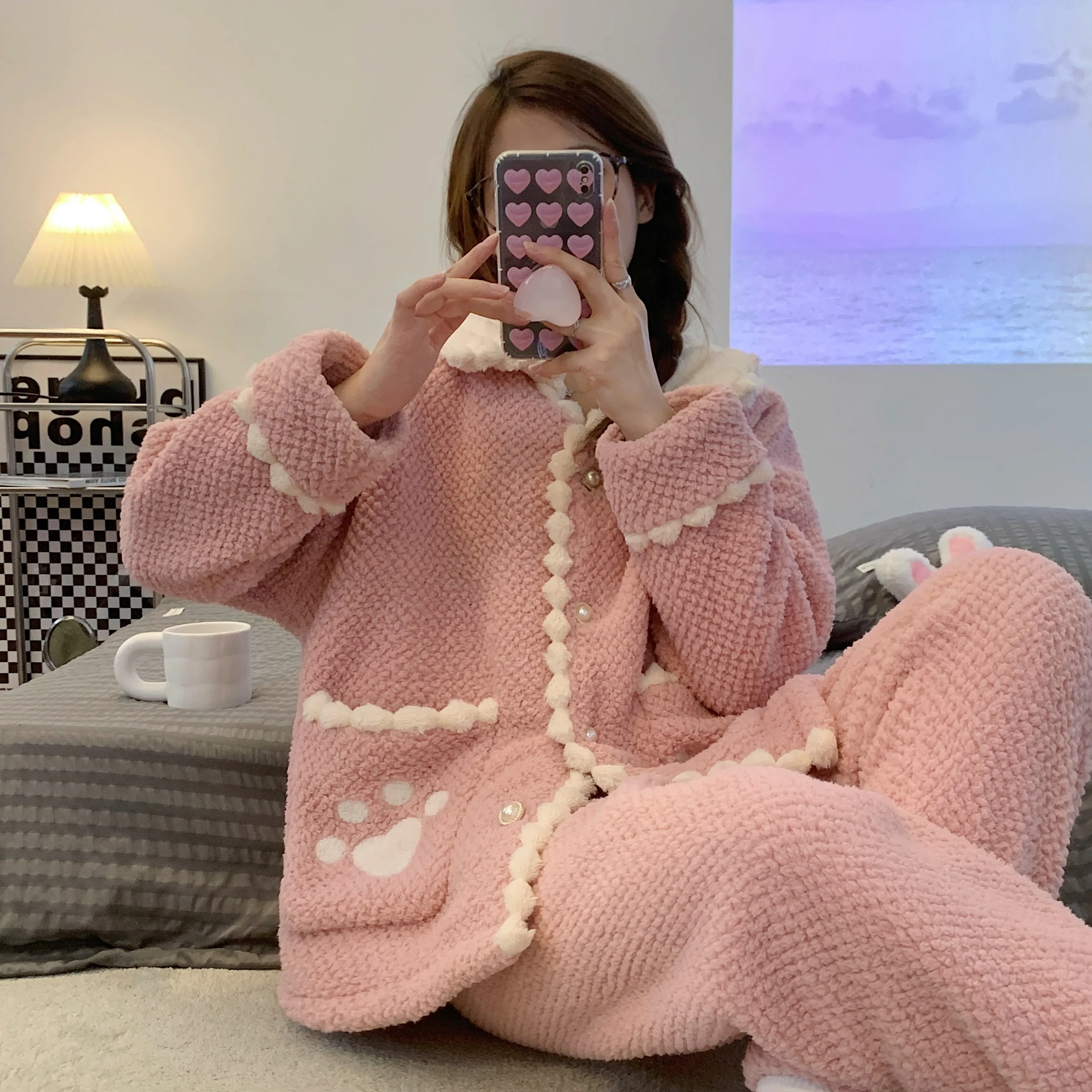 Winter Women Thicken Pajamas Suit Cute Solid Color Warm Sleep Wear Pink Clothes Set