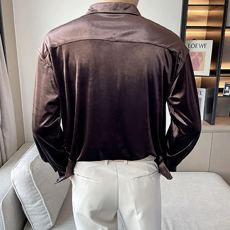Luxury Velvet Men's Shirts Autumn Long Sleeve Vintage Casual Shirt Streetwear Tops Social Nightclub Male Clothing Homme Chemise