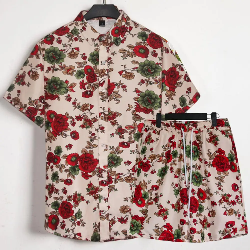 

Hawaiian Beach Shirts Shorts Slim Turndown Collar Outfit T-shirts Shorts Floral Print Drawstring Summer Thin Outfit For Vacation