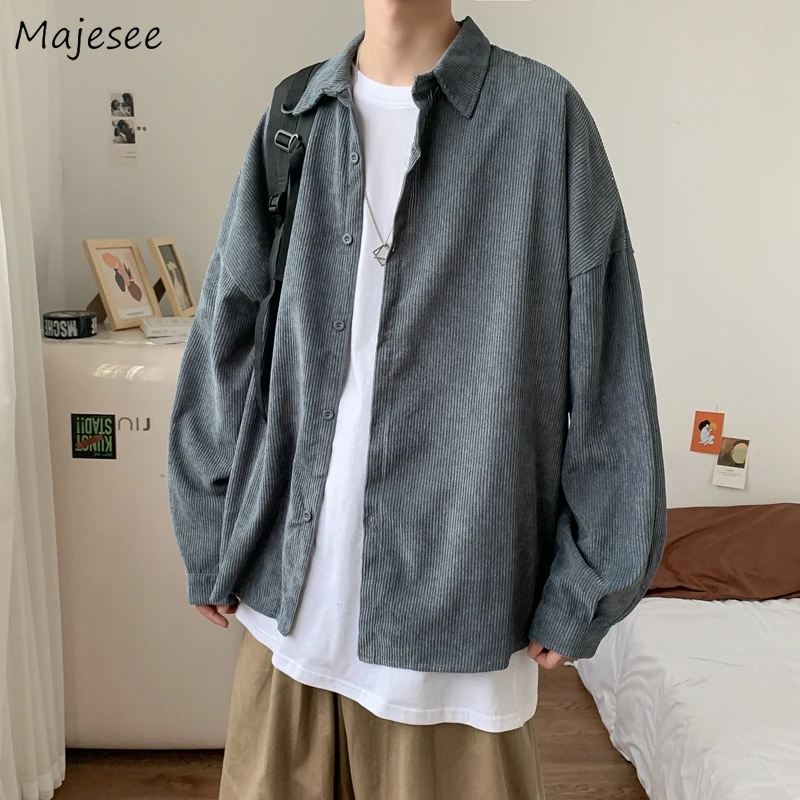 

Shirts Men Corduroy Japan Streetwear Loose Casual All-match Solid Handsome High Quality Simple Office Leisure Harajuku Camisas