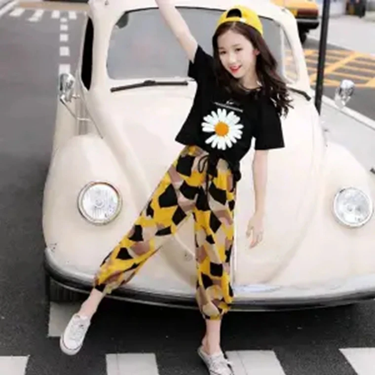 

Teenage Girls Clothing Sets Kids Summer 2Piece Set Black Short Sleeve t shirts +Loose Pants Big Girls Clothes Outfits 8 10 12 14