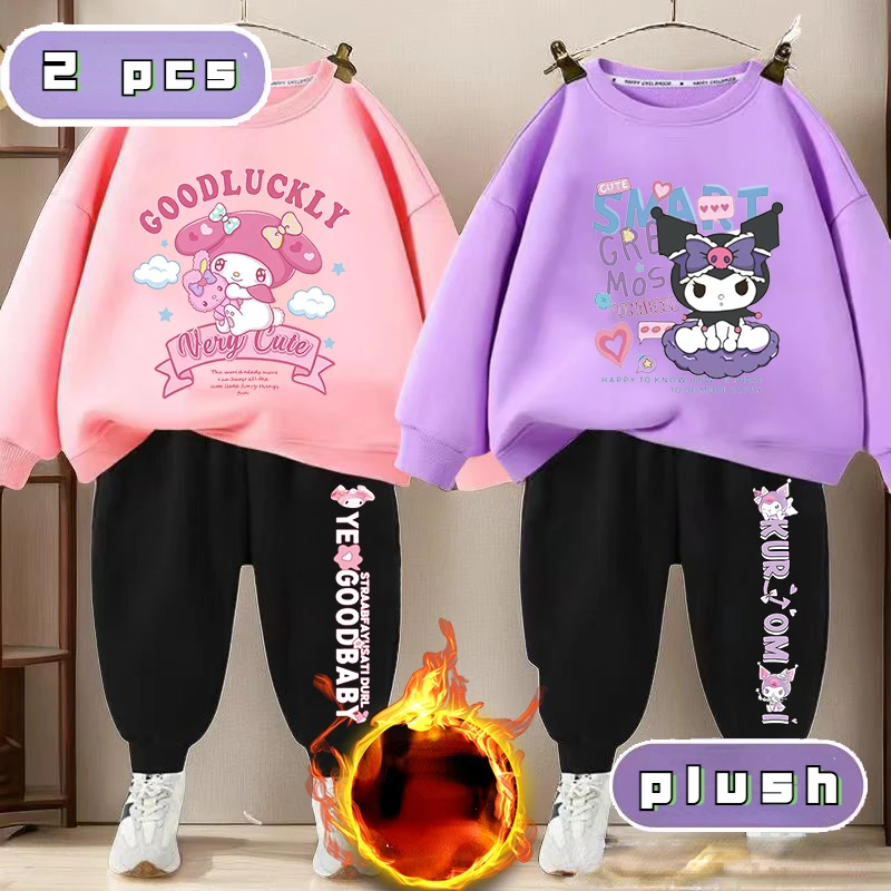 

Hello Kitty Plush 4-14 Years Children Kuromi My Melody Clothes sets Autumn Children Cartoon Hoodies Long Pants 2pcs Suit Kids
