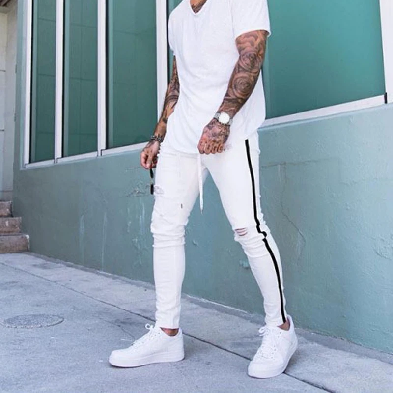 Men's Fashion Cool Jeans Slim Fit Classic White Blue Clothing  High Quality Stretch Ripped Skinny Pencil Pants Cargo Pants S-3XL