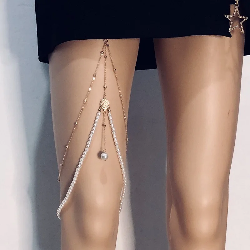 

Imitation Pearl Chain Beaded Leg Chain Sexy Exaggerated Aesthetics Elastic Band Leg Chain Summer Beach Body Jewelry for Women