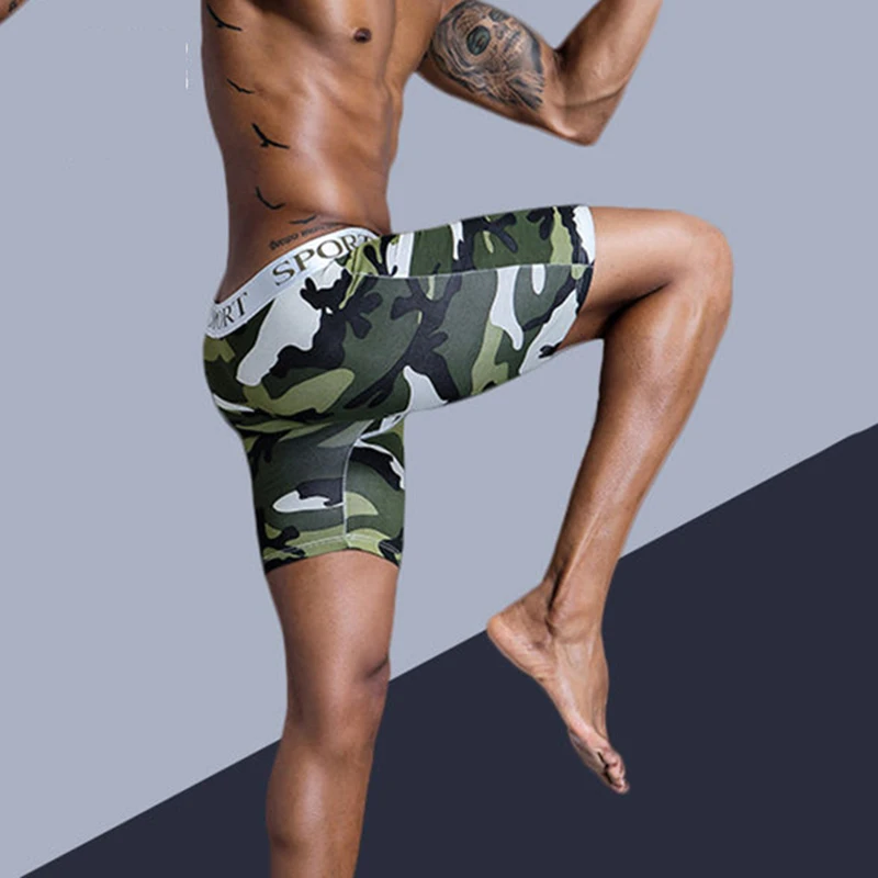 Men's Plus Size Long Boxer Briefs Camo Running Fitness Sports Cotton Underwear Breathable Long Plus Size Boxer Shorts Underpants