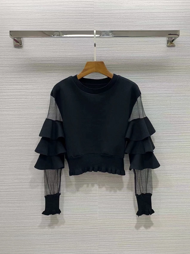 

2023 new women fashion lotus leaf edge long sleeve sexy casual see-through mesh short sweet fashion sweater top 0110
