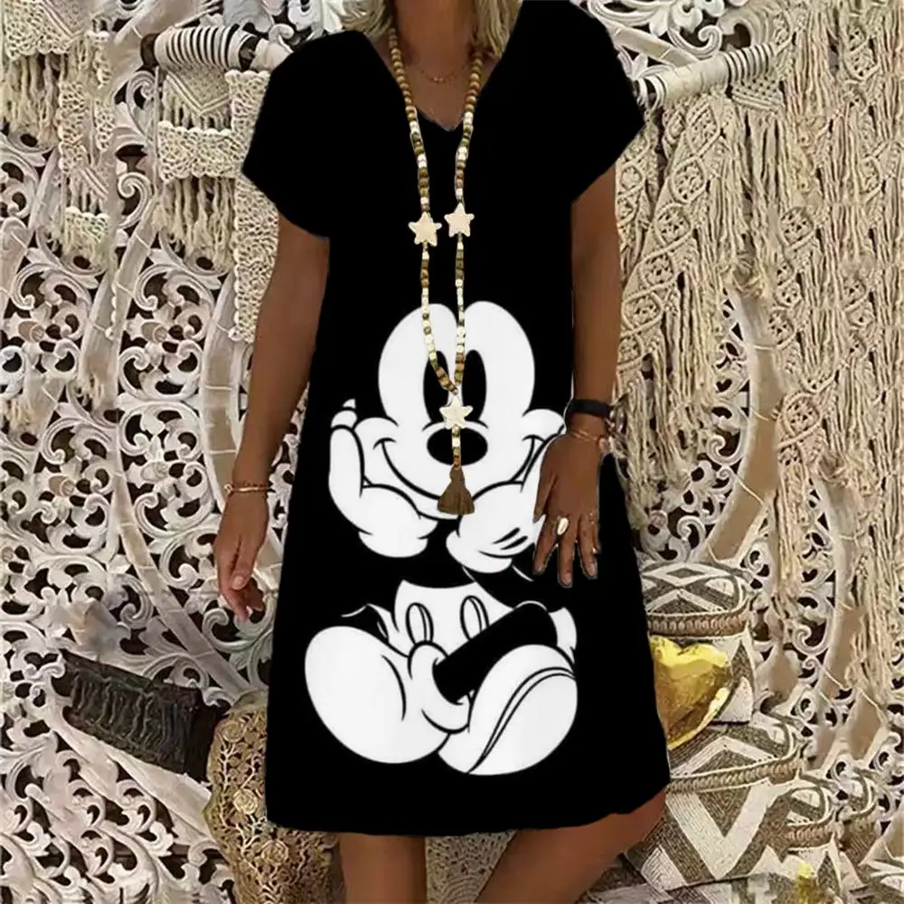 Women Disney Minnie Mickey Mouse Dress Summer Sexy V Neck Short Sleeve A-Line Dresses Female Beach Party Short Dress Casual 2022