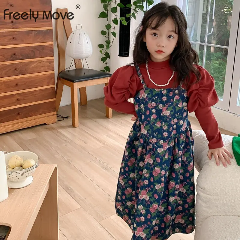 

Freely Move 2022 Autumn Girls' Clothing Sets Korean Puff Sleeve Children'S Suit Floral Denim Suspender Dress+Solid Shirt Suit