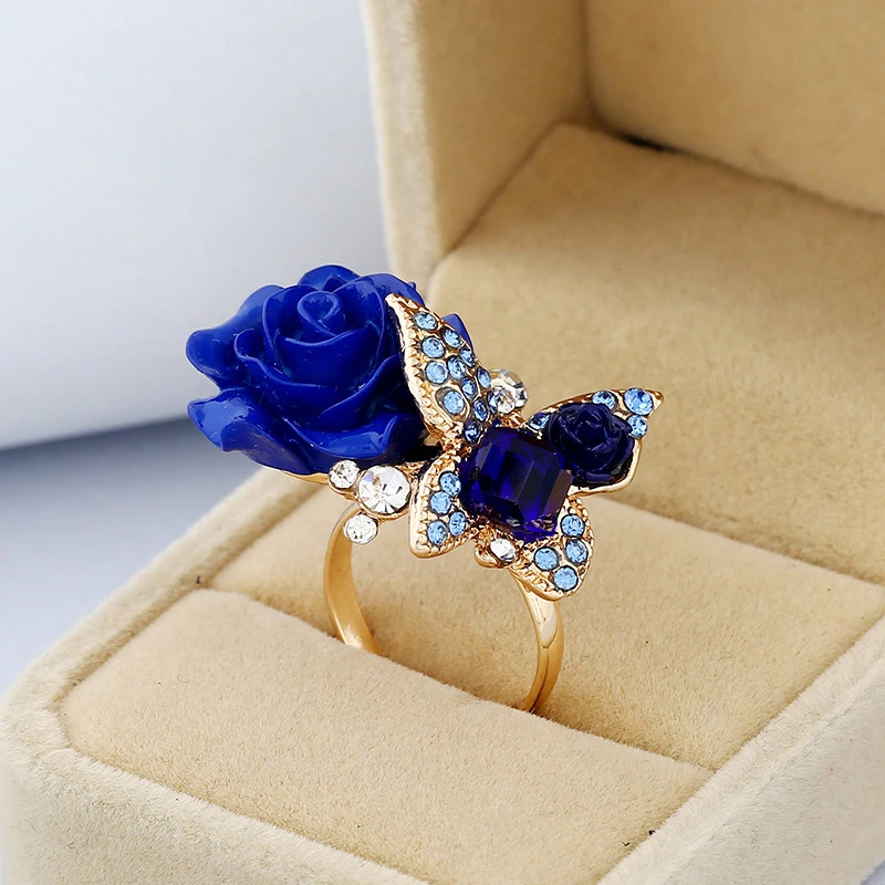 

Colorful Resin Rose Flower Ring Opening Resizable Gothic Crystal Finger Ring Wedding Engagement Party Vintage Jewelry for Women