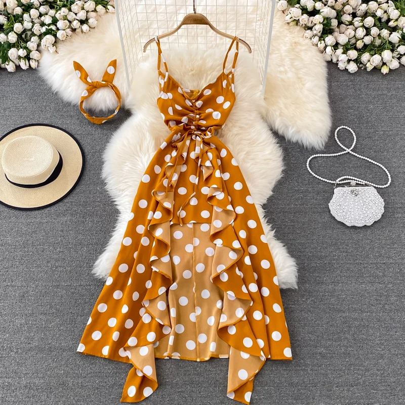 

Summer Boho Straps Dress Women Polka Dot Long Chiffon Dress Ruffles Split Asymmetrical Fashion Party Dress Robe