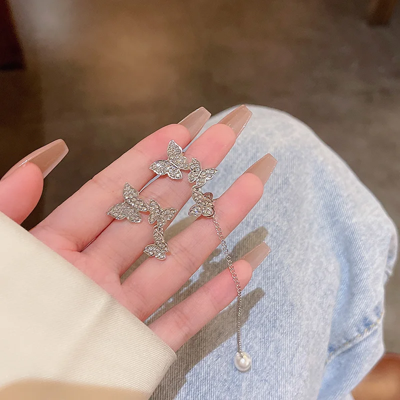 

925 Silver Needle Network Asymmetrical Long Tassel Bowknot Earrings ins Tidy Light Luxury Small Ear Clip Earrings