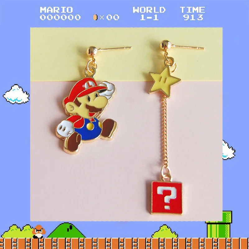 

Super Mario bros earrings accessories anime game characters asymmetric earrings ear clips accessories 18k gold birthday gifts
