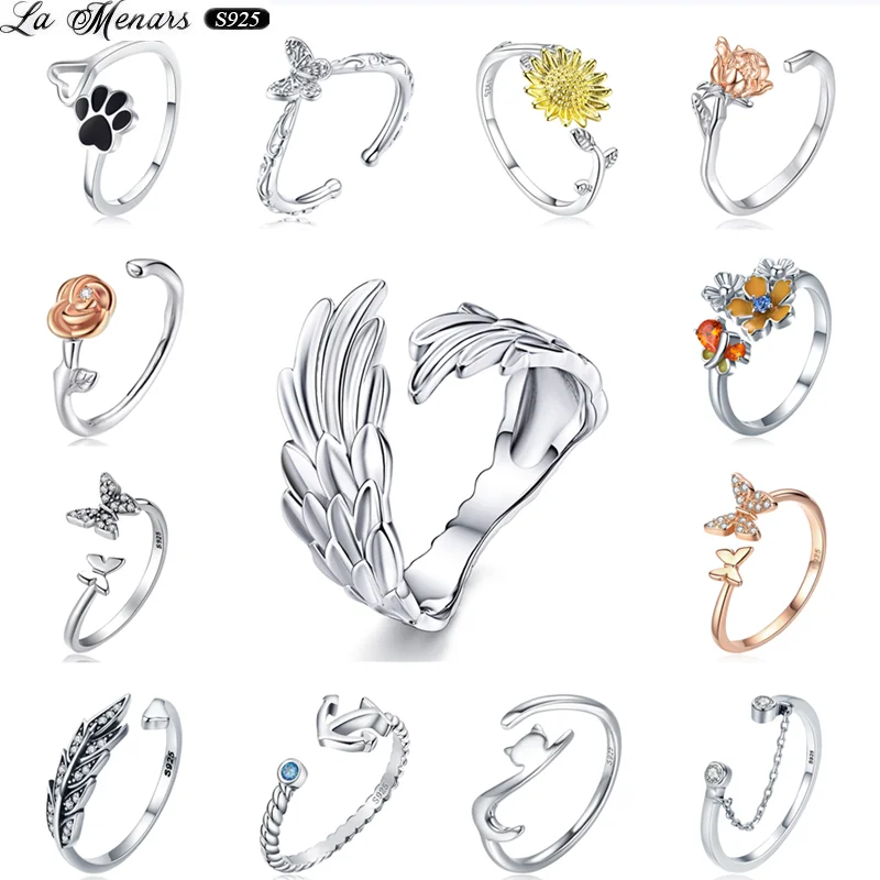 

La Menars Women Ring 925 Sterling Silver Angel Wings Open Adjustable Finger CZ Ring Fashion Accessories Holiday Gifts