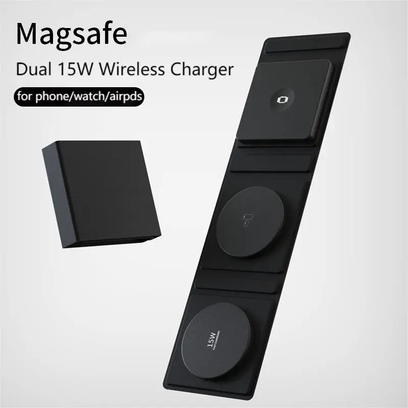 

3 IN 1 Foldable Magsafe Charger Dual 15W Wireless Fast Charging Pads for iPhone 14 13 12 Pro Max iWatch 8 7 6 5 4 3 2 1 Airpods