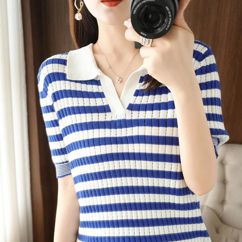 

100% Cotton Knitted Sweater Female Pullover Turn-down Collar Short-sleeved Thin Jumper Summer Women Fashion Slim T-Shirts Tops