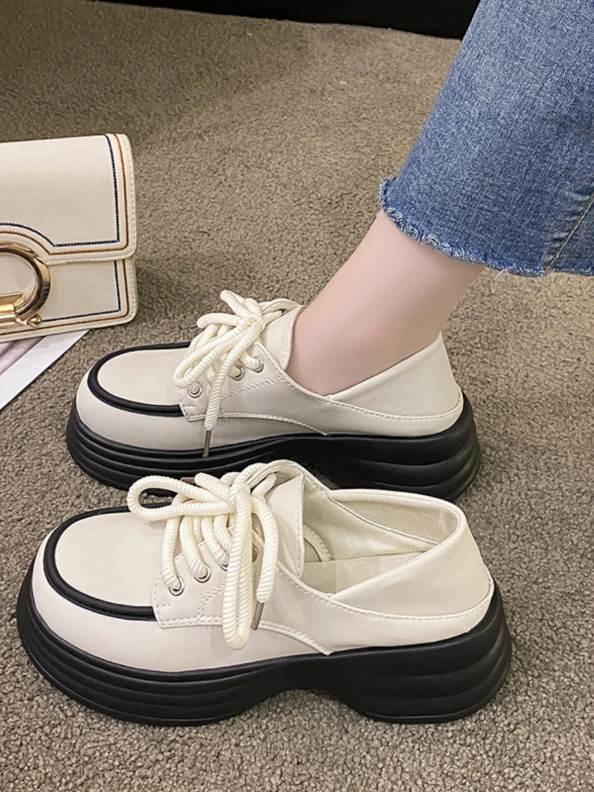 

Женские лоферы с круглым носком, оксфорды, обувь в британском стиле, черные кроссовки на платформе, без шнуровки, Повседневная Дамская обувь