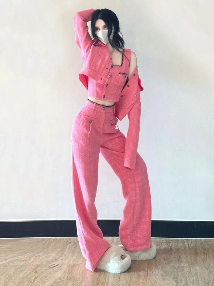 

Костюм женский весенний из трех предметов, модный пиджак, жилет на бретелях и брюки, милый крутой стиль