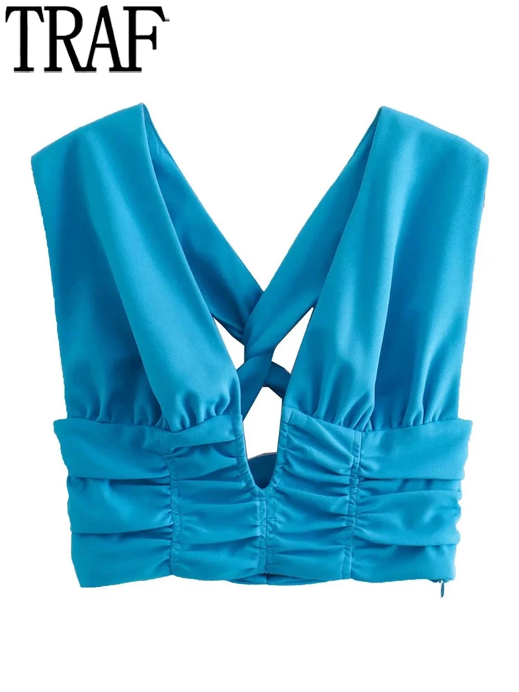 

Кроп-Топ женский плиссированный с открытой спиной и открытыми плечами, голубой