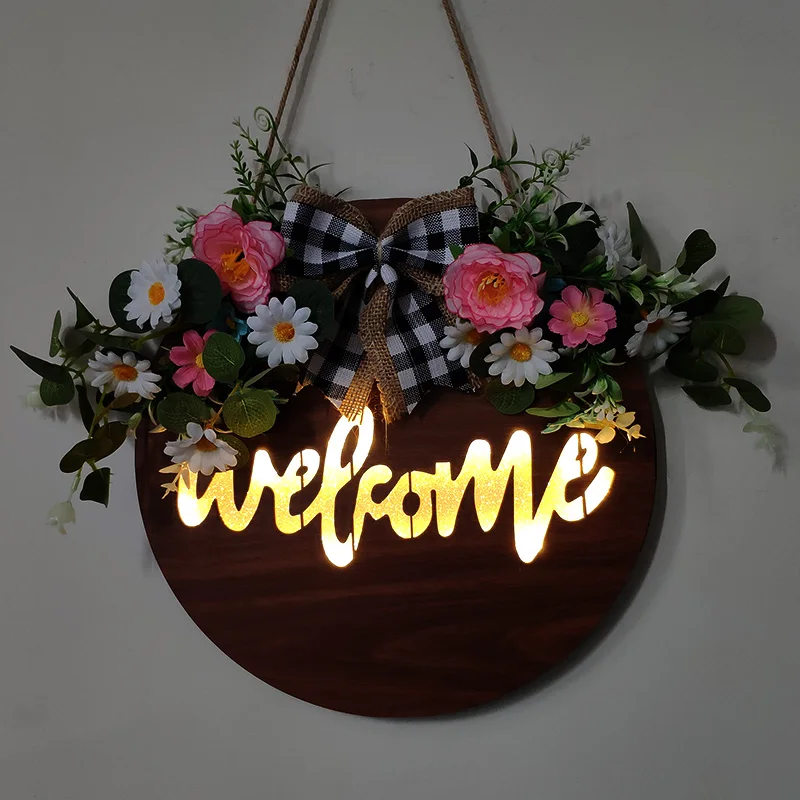 

30cm Rose Sunflower Eucalyptus Globulus Artificial Wreaths LED Glowing Artificial Flower Welcome Wreath For Door Wall Decor