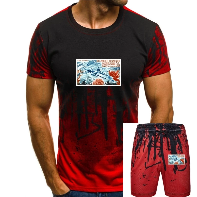 

Adult Men T Shirt Summer Black Tshirt French Polynesia Spearfishing Postage Stamp T-shirt Novelty 100% Cotton Tops Graphic Tees