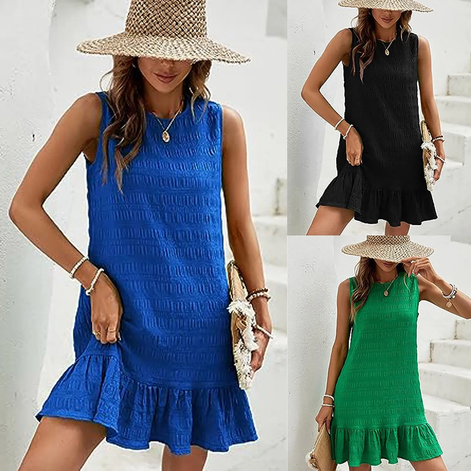 Женское мини-платье с оборками на подоле без рукавов круглым вырезом