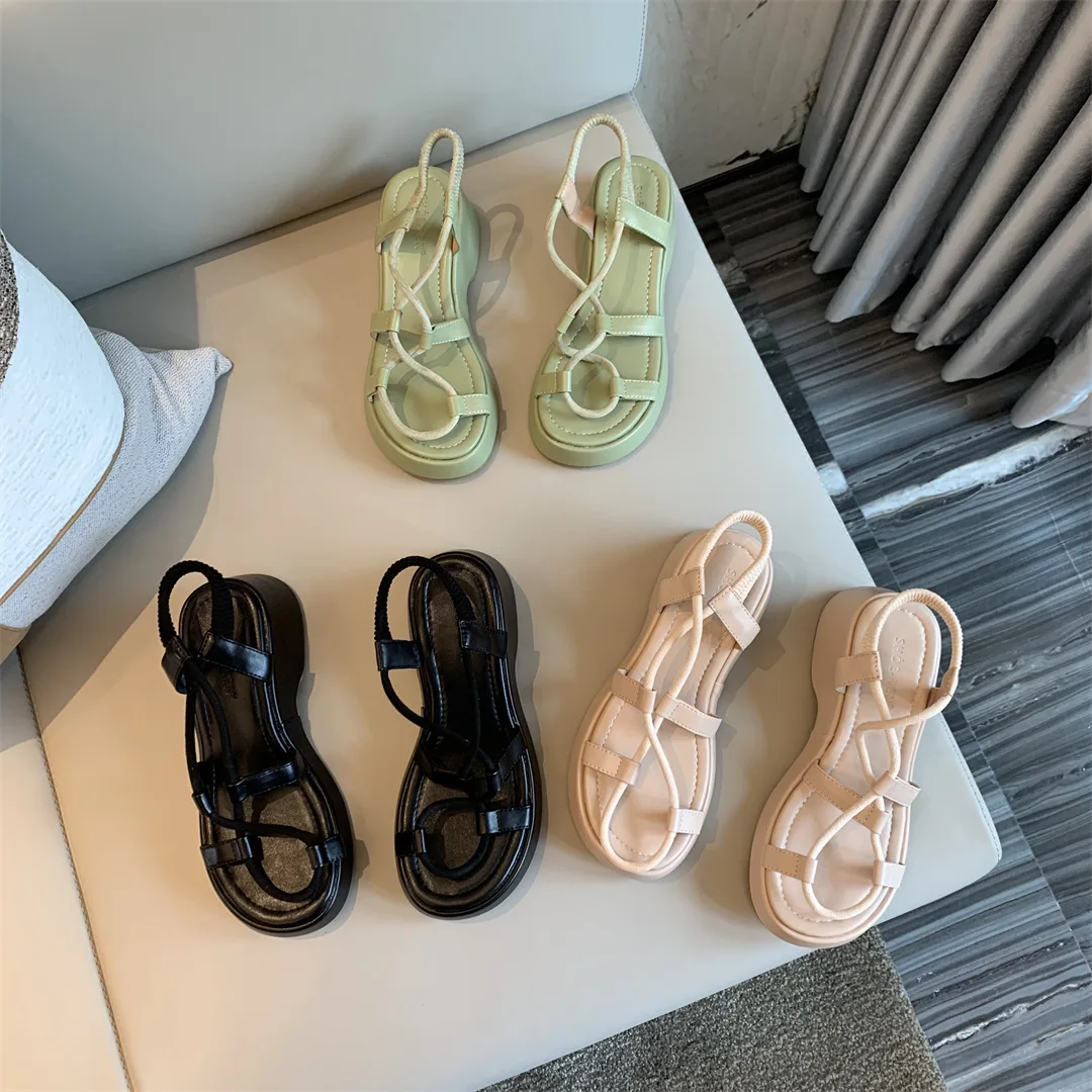 

Cross-Tied Slippers Women Summer Female Shoes Slides Low Platform 2023 Hoof Heels Narrow Band Scandals Fabric PU Rome Low Slippe