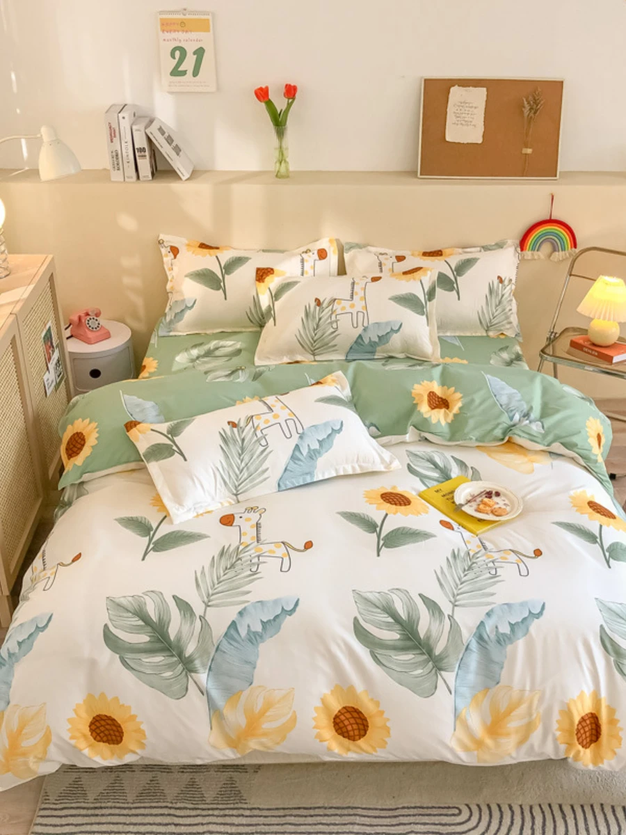 

Fashion Bedding Set White Green Double Bed Linens Nordic Duvet Cover Pillowcase Queen Size Flat Sheet Classic Grid Kids Winter