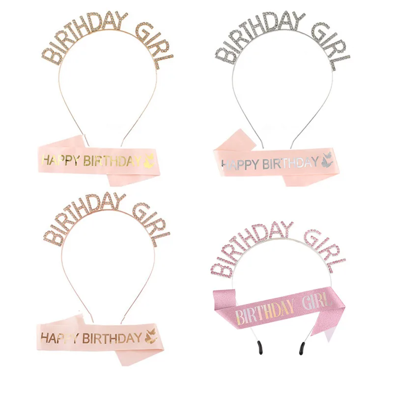 

Birthday Girl Letter Rhinestone Crown Shoulder Strap Set Crystal Crown Tiara Women Birthday Party Decoration Satin Sashes Ribbon