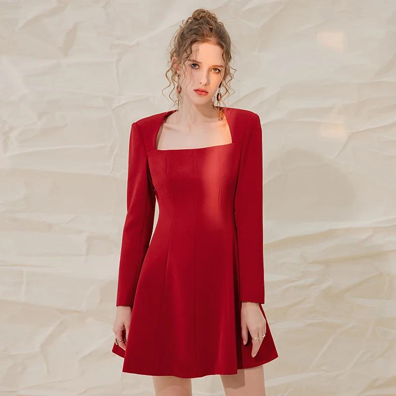 YIGELILA Women Retro Fashion Red Short Dress Elegant Square Collar Full Sleeve Dress Empire Slim Above-knee Dress A-line 67074