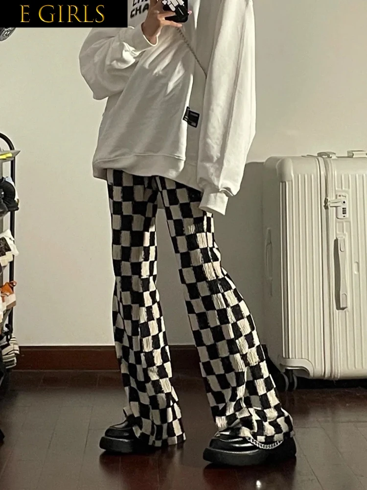 

F GIRLS Checkerboard Plaid Casual Pants Women Spring Autumn New Retro American Fashion High-Waisted Wild Long-Leg Flared Trouse