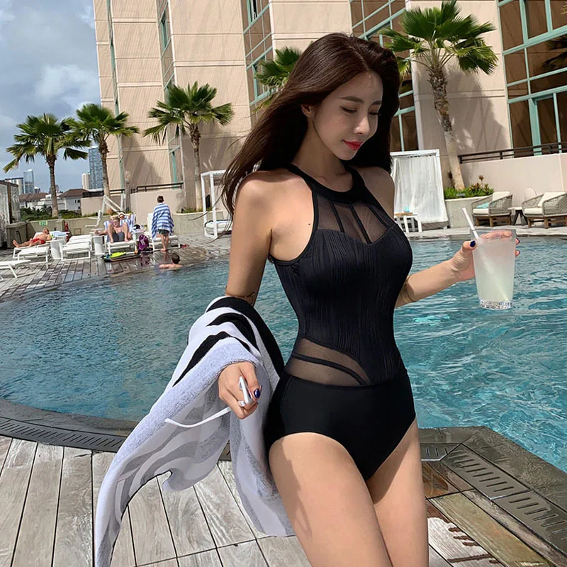 2022 New Hot Bikini Conservative Cover Belly Slimming Sexy Swimsuit Open Back Mesh See-Through One-Piece Female Breasts Gathered