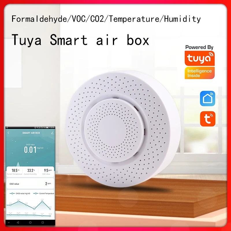 

Датчик углекислого газа Tuya, смарт-детектор с Wi-Fi, датчиком содержания формальдегида, датчиком температуры и влажности, управление через при...