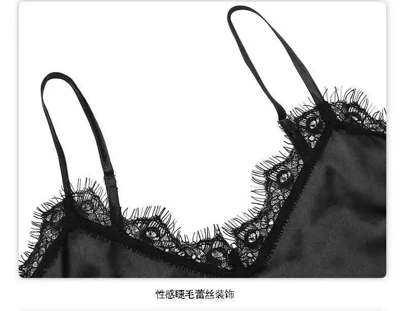 Women Satin Pajamas Dress Sexy Spaghetti Strap Lace Splicing V Neck Silk Night Gown Female Casual Comfortable Solid Home Clothes