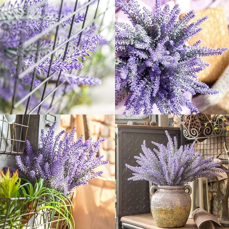 

Artificial Flowers Flocked Lavender Plastic Bundle Fake Plants Wedding Bridle Bouquet Indoor Outdoor Home Kitchen Office Table