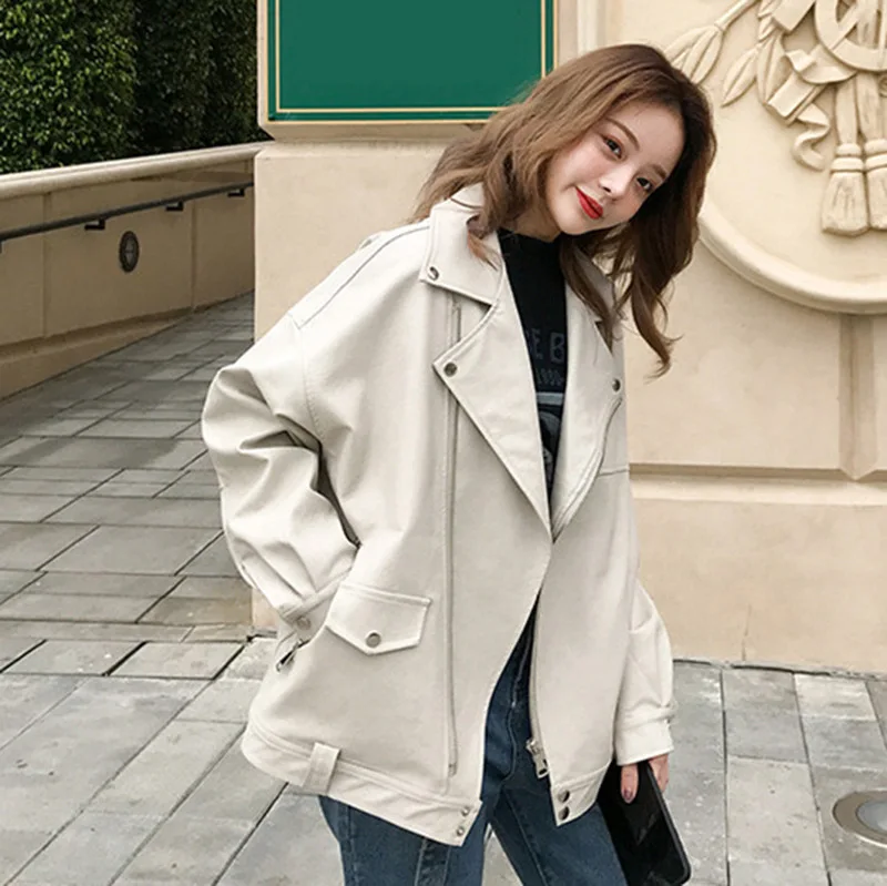 Women's Leather Winter Autumn Loose Women's Leather Jacket Short Coat Bee Green Loose  Pu Faux Leather Biker Zipper Moto Jackets