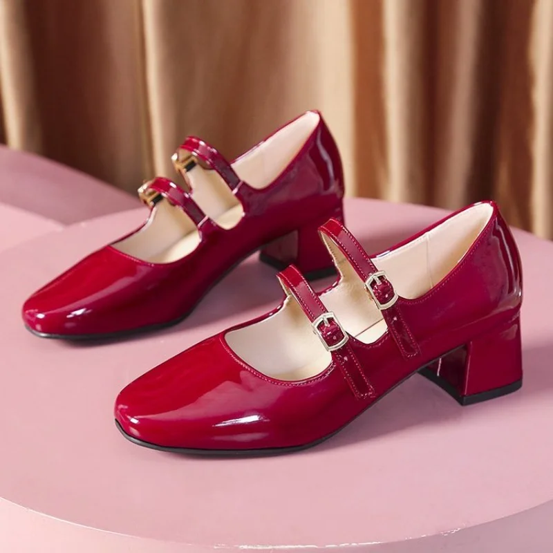 

Shoes for Women 2023 Spring Women's Pumps Square Toe Ankle Strappy Thick Heel Shoes Patent Leather Mary Janes Shoes