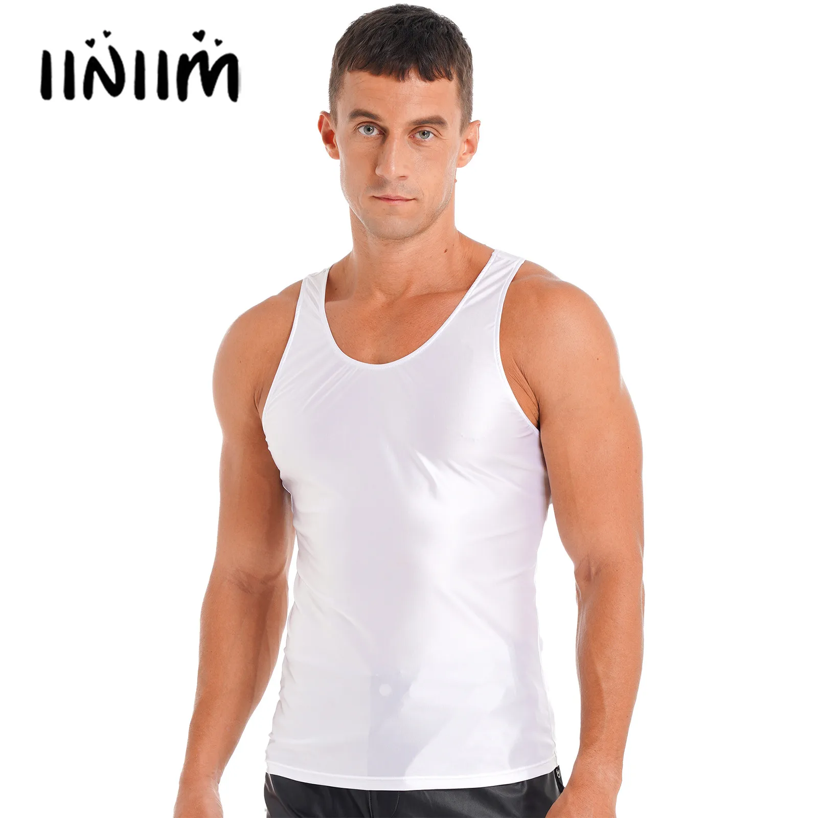 

Mens Sleeveless T-shirt Sportwear Glossy Tank Top Solid Color Undershirt Gym Fitness Crop Top Music Festival Rave Party Clubwear