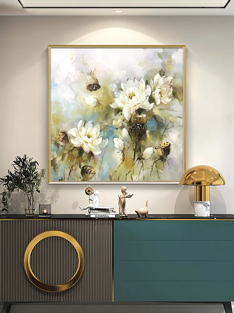 

Hand-painted Lotus Oil Painting Mural Nordic Minimalist Flower Hanging Painting Porch Restaurant Decorative Painting