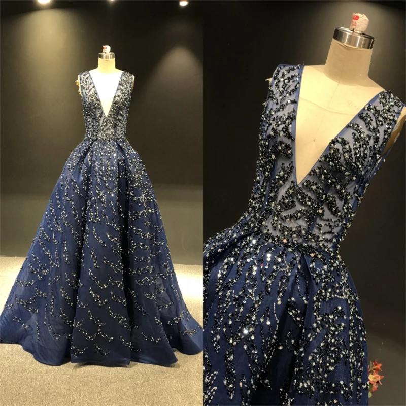 

вечерние платья 100%Real Sample Navy Blue Heavy Beads Sleeveless Deep V-neck Floor Length Prom Party Evening Gown Dresses