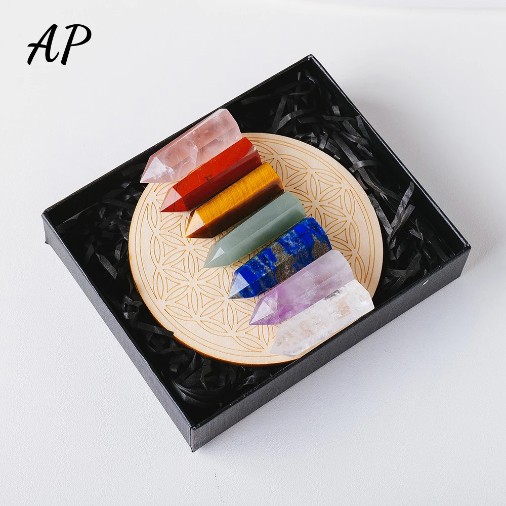 

1 комплект Натуральная кварцевая чакра, одноточечная Хрустальная колонна, семь цветов, кристальная башня, лечебный камень, деревянная Базов...