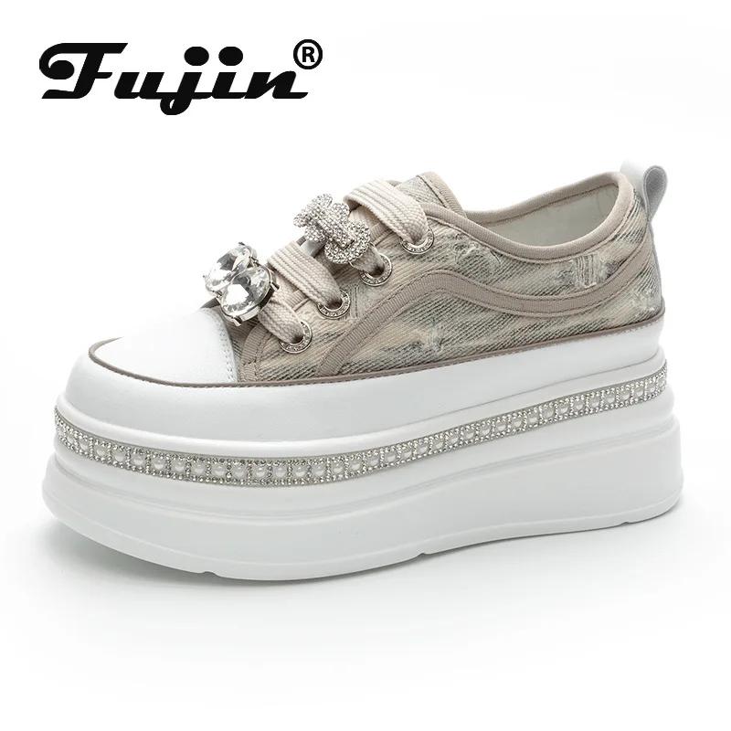 

Fujin 7cm Denim Platform Wedge Genuine Leather Chunky Sneakers Casual Spring Summer Autumn Comfy High Brand Hidden Heels Shoes