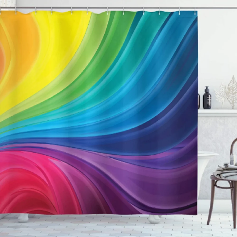 

Smooth Rainbow Curvy Pattern Shower Curtain Abstract Inspired Spiral Wavy Soft Spray Art Bathroom Decor with Hooks Bath Curtains