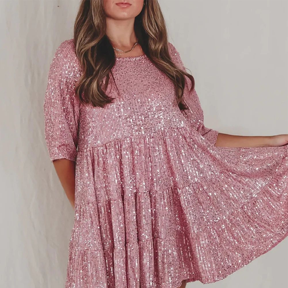 

Large Swing Cute Dress Solid Color Mini Party Dress Women Fashion Sequin Round Neck Short Sleeve Solid Color Shiny Casual Dress