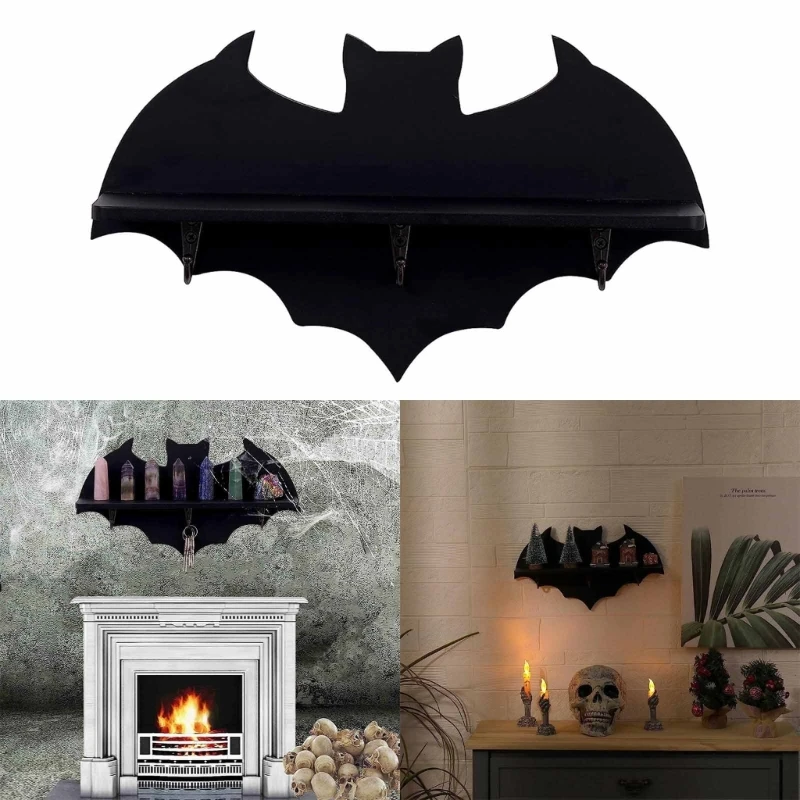 

448B Bat Crystal Shelf Wall Mounted Floating Shelves Hanging Floating Wood Shelves for Goth Home Bedroom Bathroom Decoration